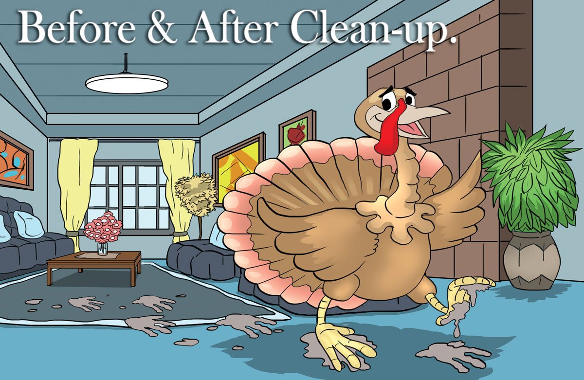 מודעת חג ההודיה של Mark It Clean: תרנגול הודו משאיר עקבות על שטיח